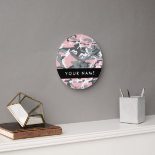 Pink and Grey Camouflage Your name Personalize Round Clock