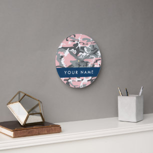Pink and Grey Camouflage Your name Personalize Round Clock
