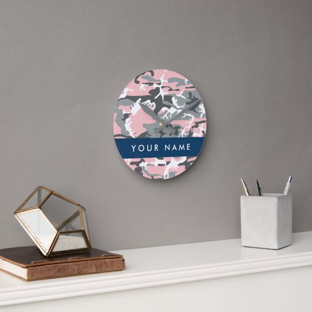 Pink and Grey Camouflage Your name Personalize Round Clock (Office)