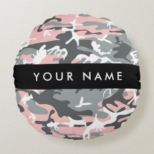 Pink and Grey Camouflage Your name Personalize Round Pillow