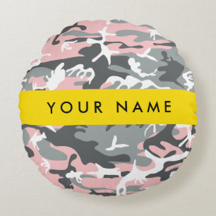 Pink and Grey Camouflage Your name Personalize Round Pillow