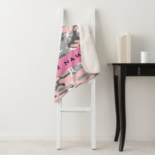Pink and Grey Camouflage Your name Personalize Sherpa Blanket