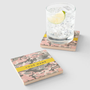 Pink and Grey Camouflage Your name Personalize Stone Coaster