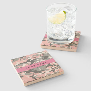 Pink and Grey Camouflage Your name Personalize Stone Coaster