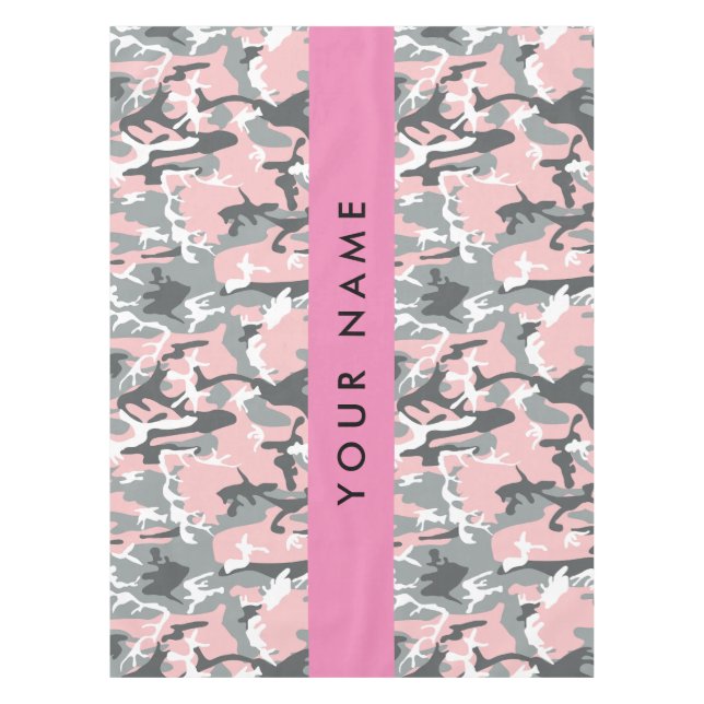Pink and Grey Camouflage Your name Personalize Tablecloth (Front)