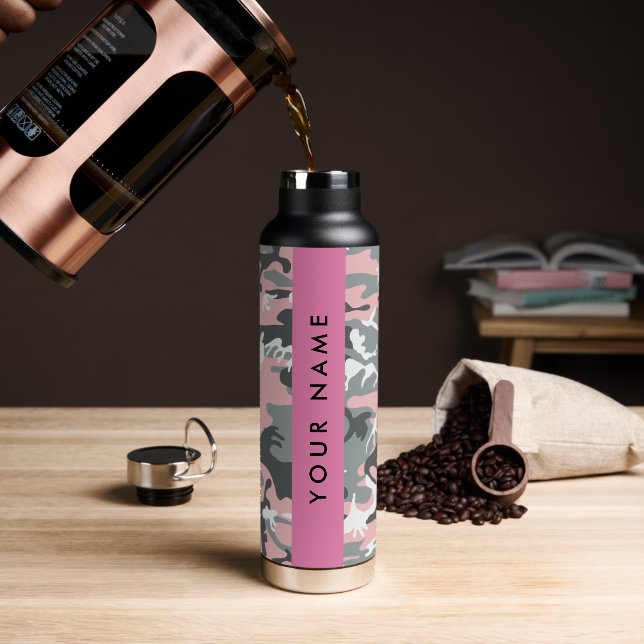 Pink and Grey Camouflage Your name Personalize Water Bottle (Coffee)