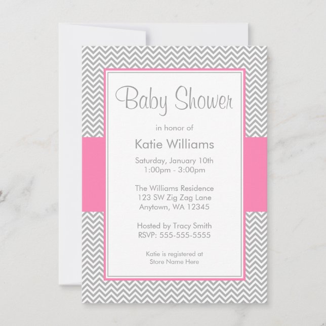 Pink and Grey Chevron Baby Shower Invitations (Front)