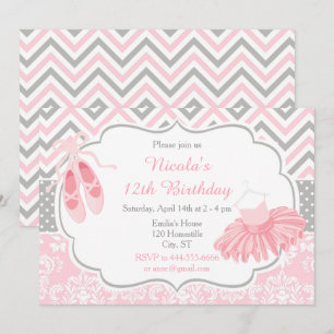 Pink and Grey Chevron Ballerina Birthday Invitation