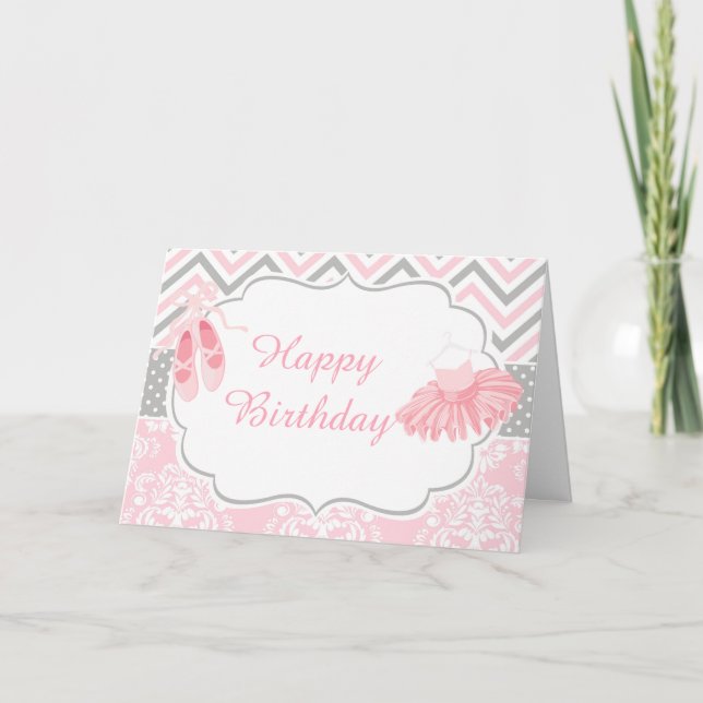 Pink and Grey Chevron Ballerina  Card (Front)