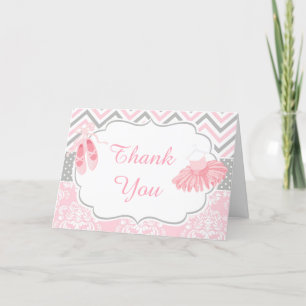 Pink and Grey Chevron Ballerina Thank You Card