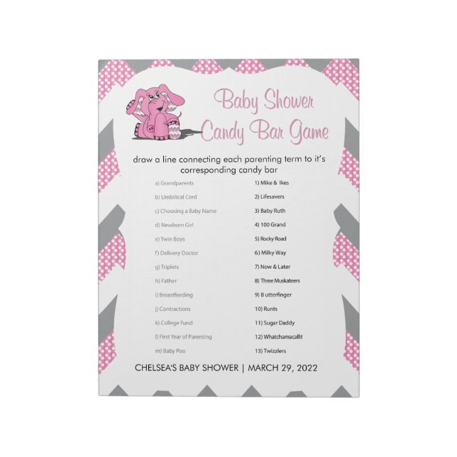 Pink and Grey Chevron Elephant Baby Shower Game 2 Notepad (Rotated)