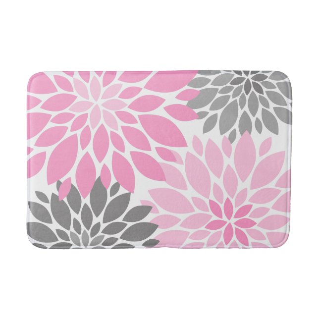 Pink and Grey Chrysanthemums Floral Pattern Bath Mat (Front)