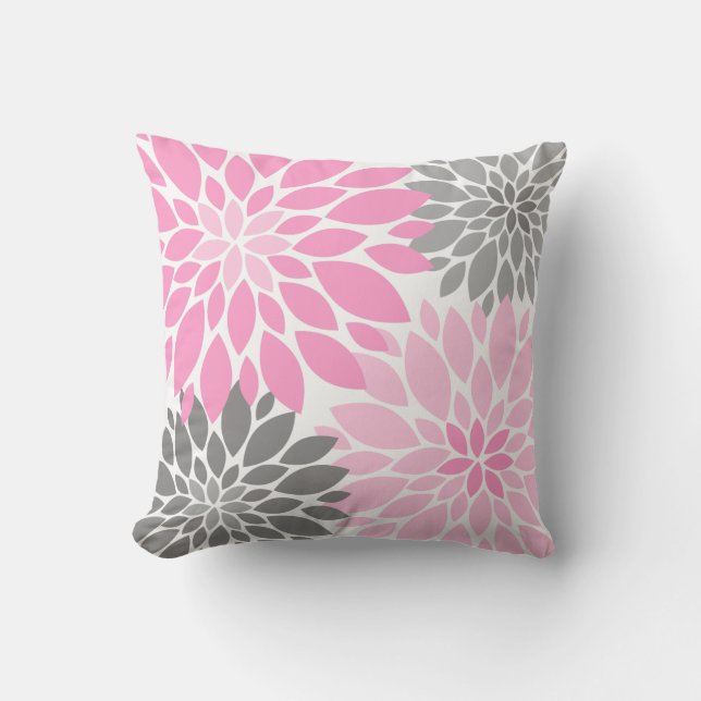 Pink and Grey Chrysanthemums Floral Pattern Throw Pillow (Front)