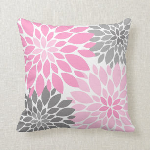 Pink and Grey Chrysanthemums Floral Pattern Throw Pillow