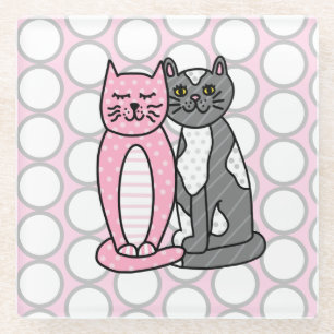 Pink and Grey Cuddly Cute Kitty Cats Glass Coaster