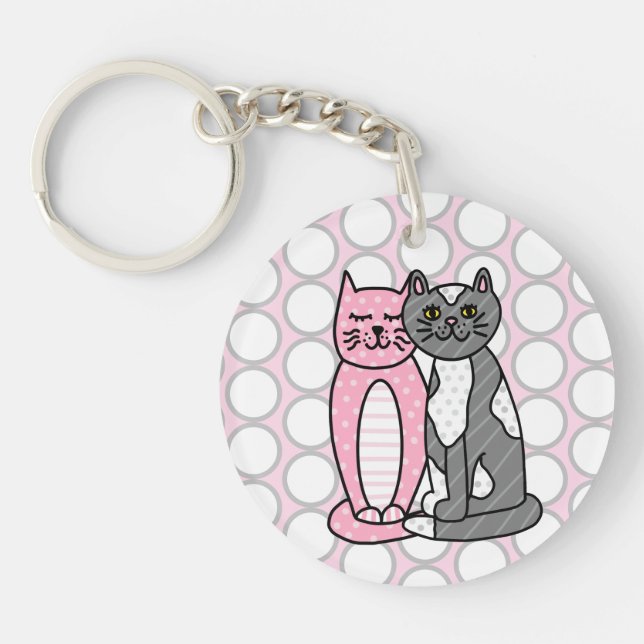 Pink and Grey Cuddly Cute Kitty Cats     Keychain (Front)