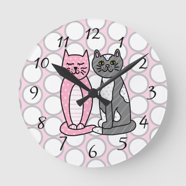 Pink and Grey Cuddly Cute Kitty Cats  Round Clock (Front)