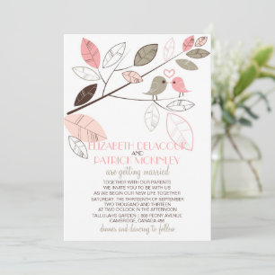 Pink and Grey Cute Lovebirds Wedding Invitation