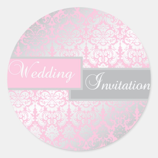 Pink and Grey Damask 1.5" Round Sticker (Front)