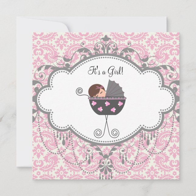 Pink and Grey Damask Baby Shower Invitation (Front)