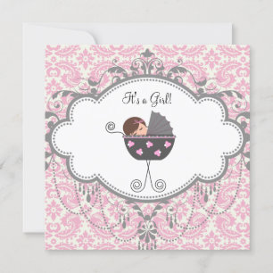 Pink and Grey Damask Baby Shower Invitation