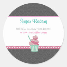 Pink and Grey Damask Bakery Cute Sticker Label