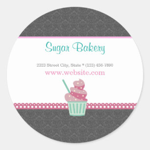 Pink and Grey Damask Bakery Cute Sticker Label
