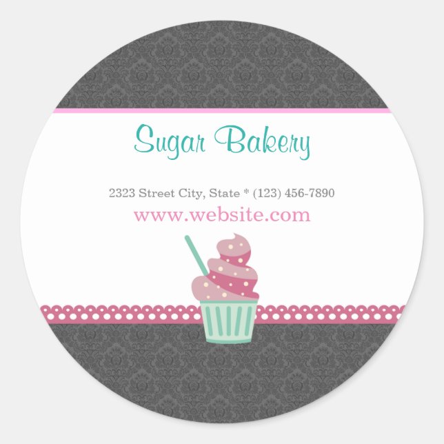 Pink and Grey Damask Bakery Cute Sticker Label (Front)