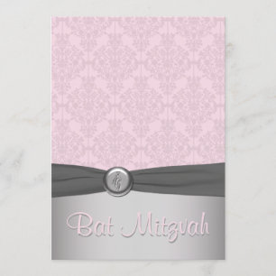 Pink and Grey Damask Ballet Bat Mitzvah Invitation