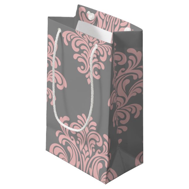 Pink and Grey Damask Pattern Small Gift Bag (Front Angled)
