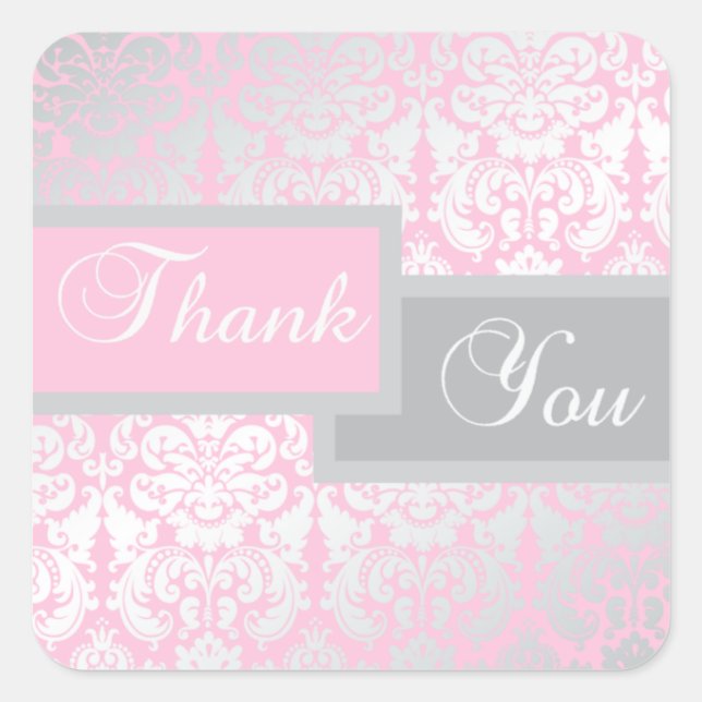 Pink and Grey Damask Thank You Sticker (Front)