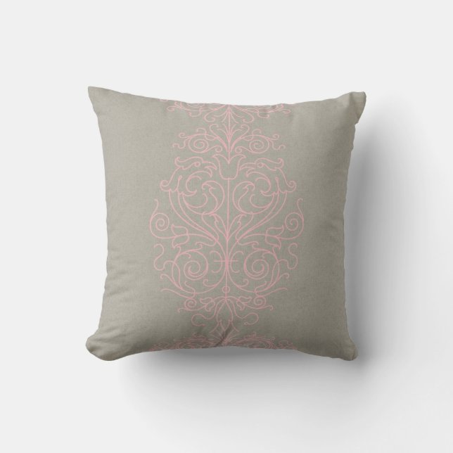 Pink and Grey Damask Throw Pillow (Front)