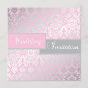 Pink and Grey Damask Wedding Invitation