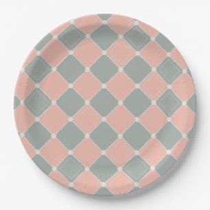 Pink and Grey Diamond Check Pattern Paper Plate