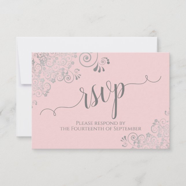 Pink and Grey Elegant Calligraphy Frilly Wedding RSVP Card (Front)