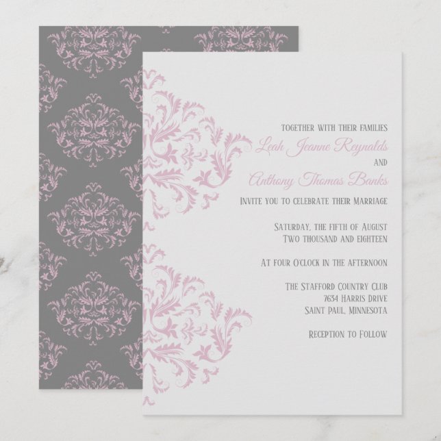 Pink and Grey Elegant Damask Invitation (Front/Back)