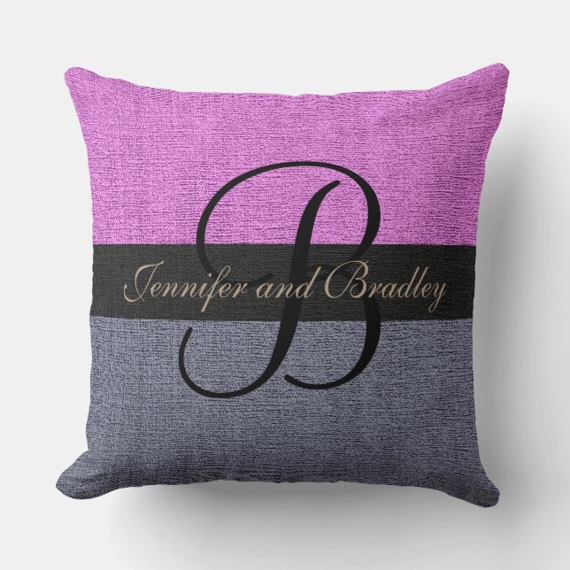 Pink and Grey Elegant Monogram Wedding Throw Pillow (Front)