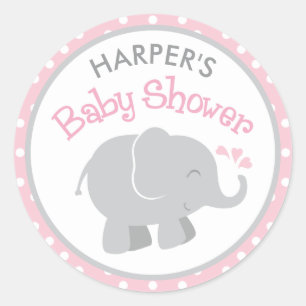Pink and Grey Elephant Baby Girl Shower Classic Round Sticker