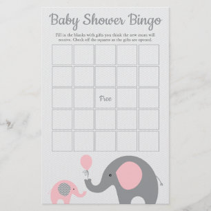 Pink and Grey Elephant Baby Shower Bingo Game Card