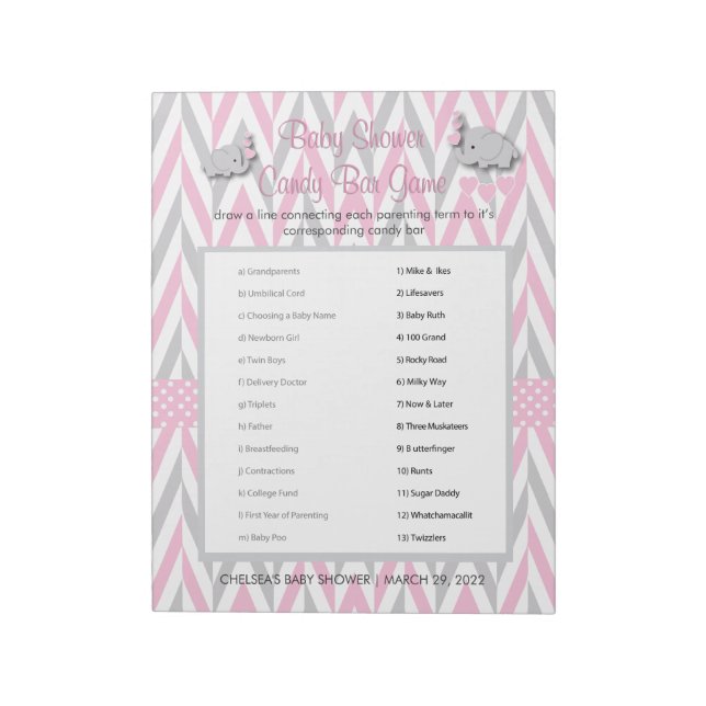 Pink and Grey Elephant Baby Shower Game 2 Notepad (Rotated)