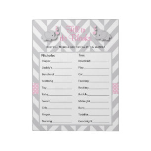 Pink and Grey Elephant Baby Shower Game - Custom Notepad