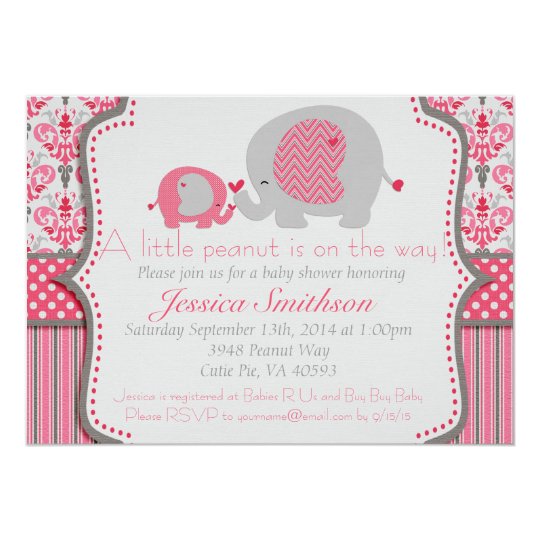 Pink and Grey Elephant Baby Shower Invitation