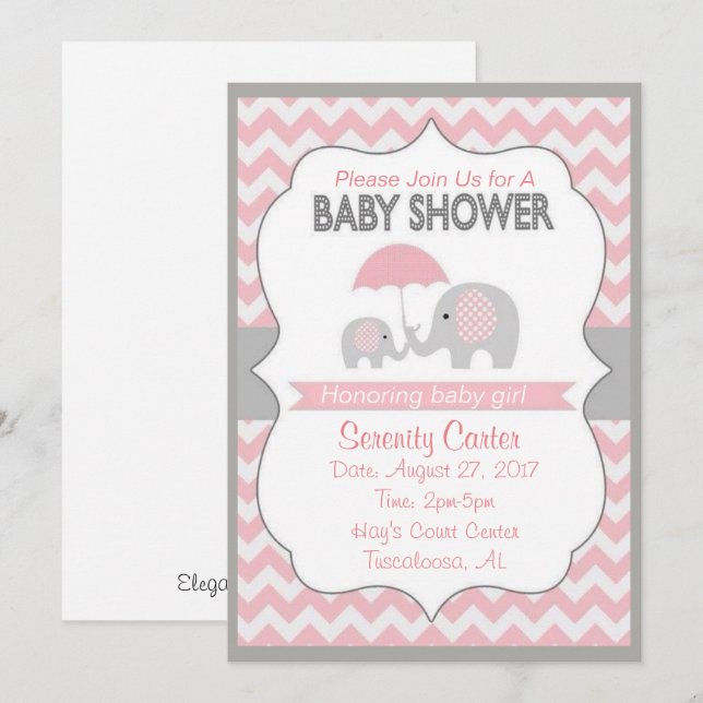 Pink and Grey Elephant Baby shower Invitations (Front/Back)