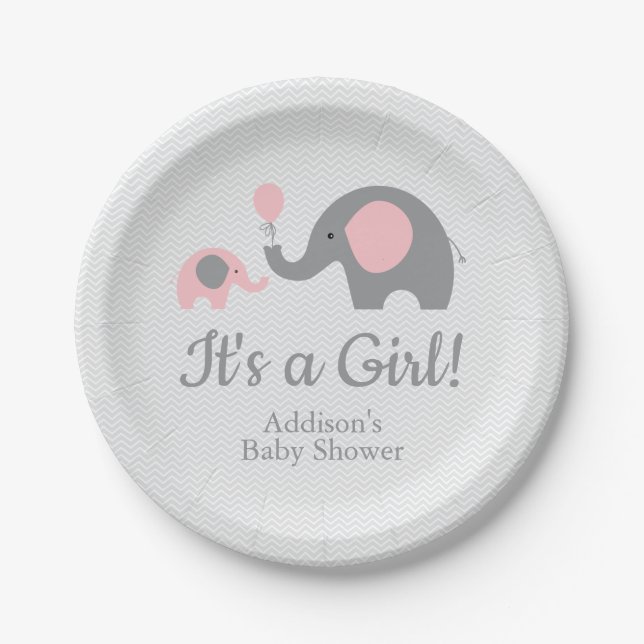 Pink and Grey Elephant Baby Shower Paper Plates (Front)