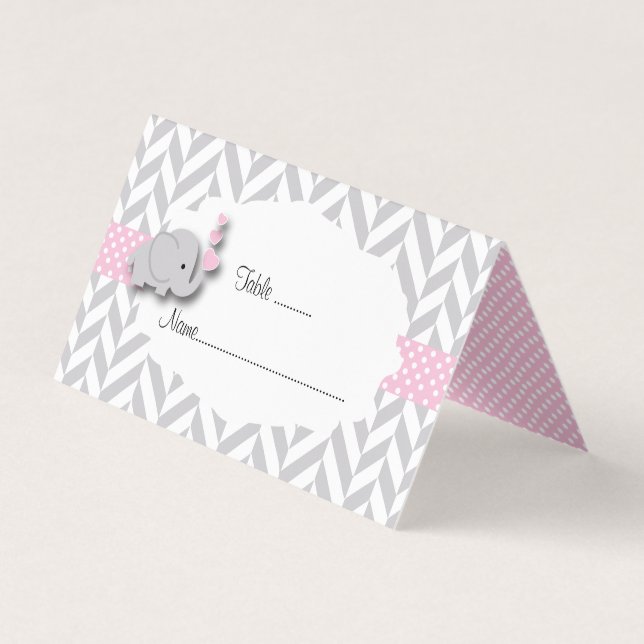 Pink and Grey Elephant Baby Shower | Place Cards (Front)