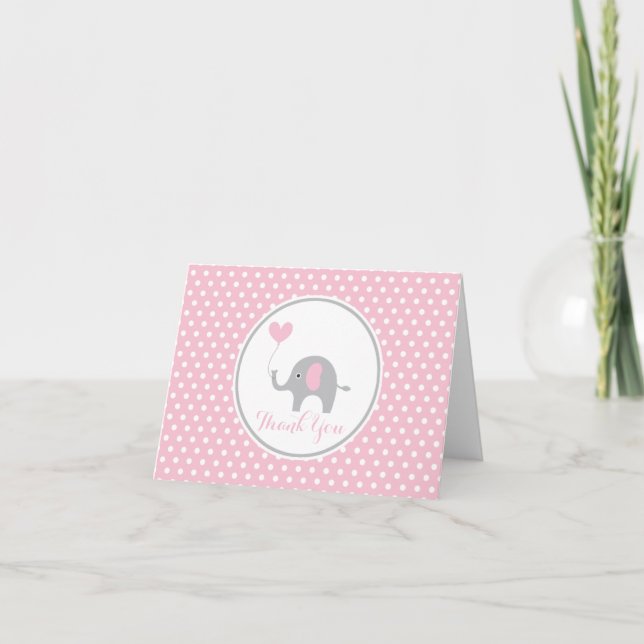Pink and Grey Elephant Birthday Thank You Note (Front)