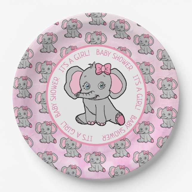 Pink and Grey Elephant Themed Baby Shower Paper Plate (Front)