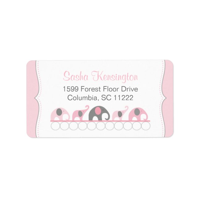 Pink and Grey Elephants Baby Girl Shower Label (Front)