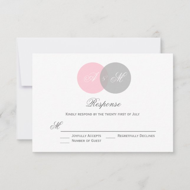 Pink and Grey Entwined Circles Wedding RSVP Card (Front)