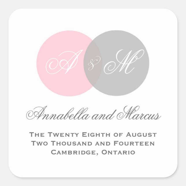 Pink and Grey Entwined Monogram Wedding Sticker (Front)